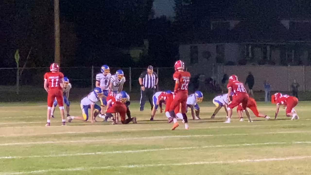 2024 Colfax High School football; HB up the gut run vs Davenport, blocks by Center Grant Opitz, RT Caleb Lustig, LG Cooper Watt.
