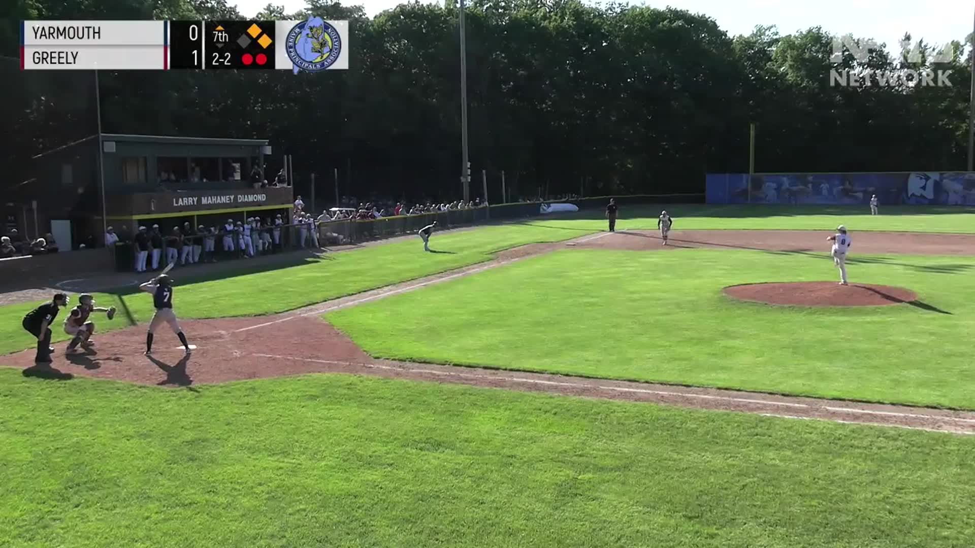 Down 1-0 in the top of the 7th with 2 outs and two strikes, Alec Gagnon crushes a 360 foot triple over the head of the center fielder to put his team up 2-1 and send Yarmouth to the State Championship game.